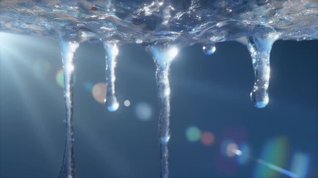 icicles hanging from melting ice with sunlight shining through
