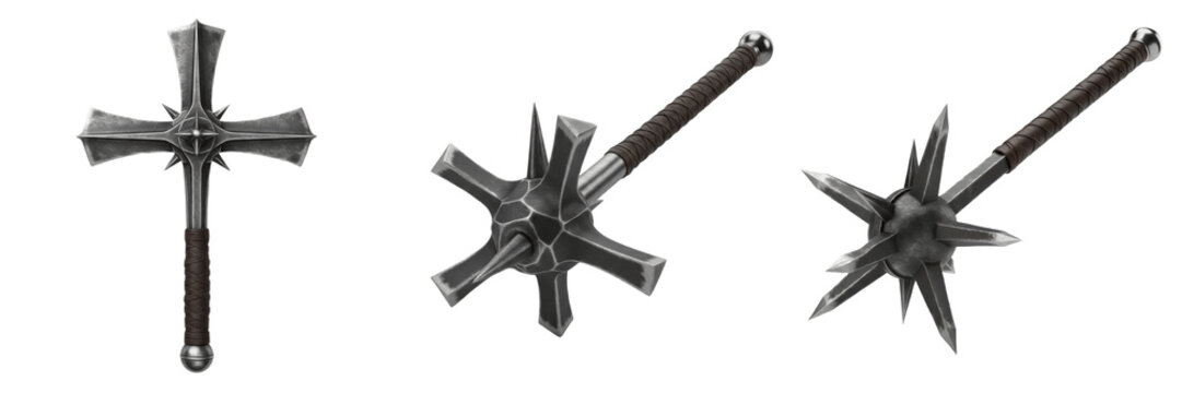 Set of Three Medieval Flanged Maces and Morning Star Bludgeons Isolated on White Background: Heavy Steel Spiked Clubs with Leather Wrapped Handles for Fantasy Warrior and Battle Art.