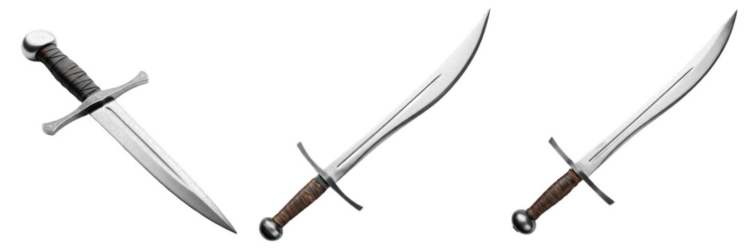 Set of Three Medieval Swords and Daggers Isolated on White Background: Sharp Steel Longsword and Curved Sabers with Detailed Pommels and Guards for Fantasy Warrior and History Themes.
