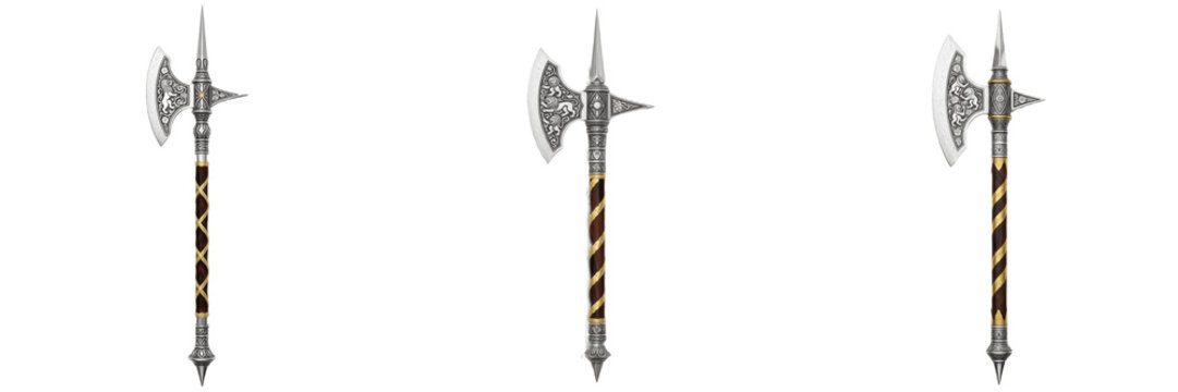 Set of Three Medieval Halberds and Poleaxes Isolated on White Background: Ornate Ancient Battle Axes with Steel Blades and Striped Handles for Fantasy Warrior and History Concepts.