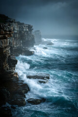Fototapeta premium ocean cliff wave storm coast rock sea dramatic seascape spray turbulent rugged cloudy dark nature landscape shoreline erosion mist foam water