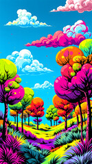 Fototapeta premium vibrant pop art landscape colorful tree neon forest fantasy sky surreal valley bright cloud playful nature scene