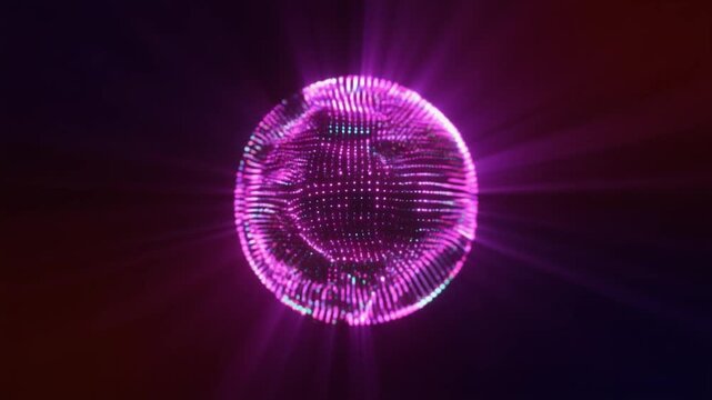 Glowing purple disco ball with pink light rays on dark background