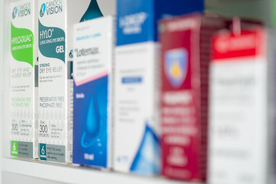 Shallow depth of focus at Pharmacy shelf with eye care products, Vigamox, Bausch Lomb Soothe, Allergan Pred Forte suspension, Lotemax, I-Drop gel: Toronto, Ontario, Canada - December 2, 2025