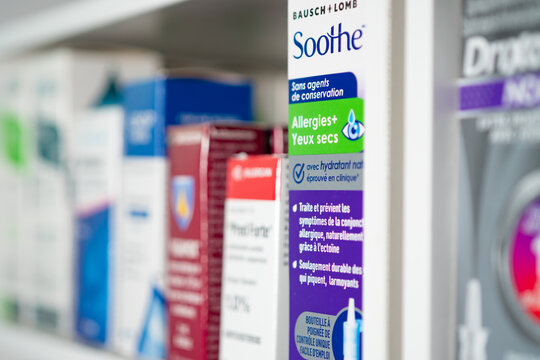 Shallow depth of focus at Pharmacy shelf with eye care products, Vigamox, Bausch Lomb Soothe, Allergan Pred Forte suspension, Lotemax, I-Drop gel: Toronto, Ontario, Canada - December 2, 2025