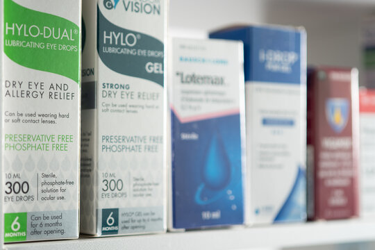 Shallow depth of focus at Pharmacy shelf with eye care products, Vigamox, Bausch Lomb Soothe, Allergan Pred Forte suspension, Lotemax, I-Drop gel: Toronto, Ontario, Canada - December 2, 2025