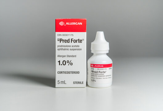 Allergan Pred Forte prednisolone acetate ophthalmic suspension, prescription only, sterile eye drop for steroid responsive inflammation in the eye: Toronto, Ontario, Canada - December 2, 2025