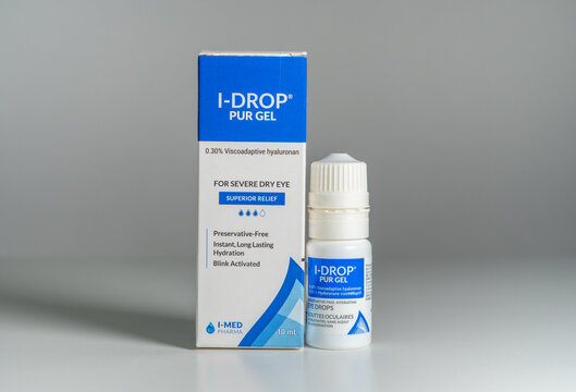 I-Drop pur gel Viscoadaptive hyaluronan for severe dry eye, preservative free, instant long lasting hydration blink activated, I med pharma 10ml: Toronto, Ontario, Canada - December 2, 2025