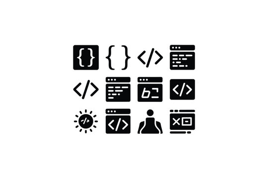 Black coding symbols and web development icons on white background for programming concepts