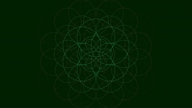 Seamless 4K loop of Flower of Life Anahata Heart Chakra sacred geometry in a pulsing kaleidoscope motion. Ideal for transcendence meditation, yoga studios, VJ sets, trance visuals, and sound baths.