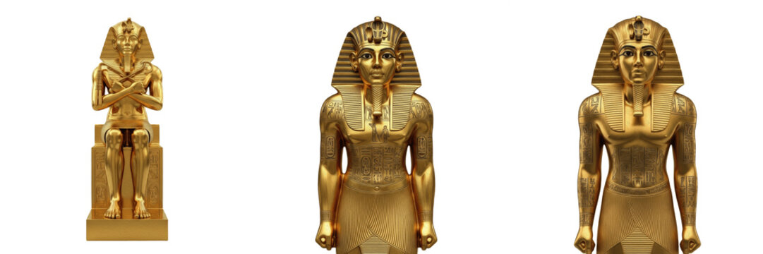 Set of 3 Golden Egyptian Pharaoh Statues - Majestic King Tutankhamun & Ramses Figurines for Luxury Home Decor, Ancient History Office Accents, and Premium Gold Souvenir Gifts