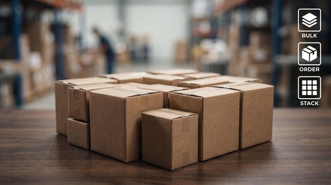 Stacked brown cardboard boxes on a wooden table in a warehouse symbolizing bulk order and delivery concept