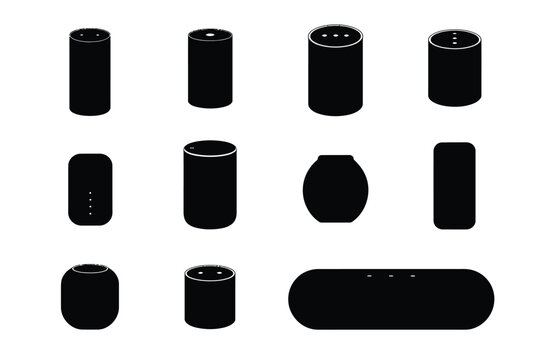 Black smart speaker icons set with various shapes and designs on white background
