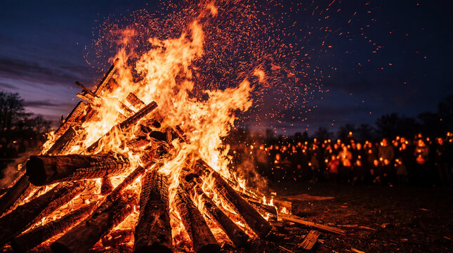 Traditional Walpurgis Night bonfire blazing with sparks as a crowd gathers.