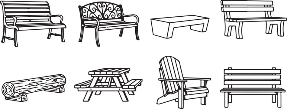 Illustrations of various types of outdoor seating and picnic furniture Vector