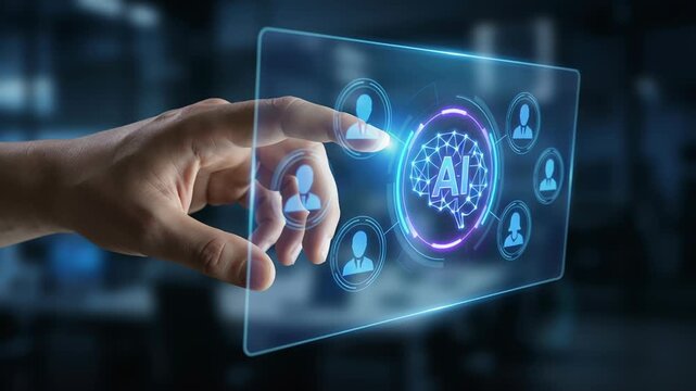 Artificial intelligence digital ai career workforce transition automation human employees technology innovation hand touching futuristic transparent screen showing artificial intelligence icons