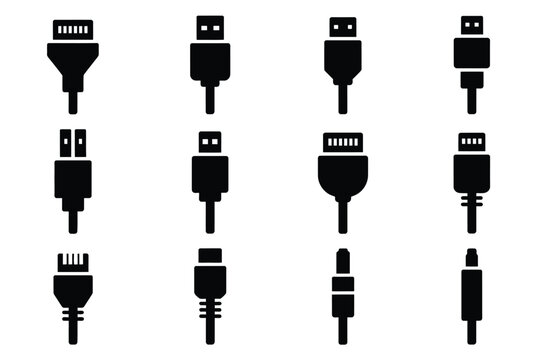 Various usb connector types and plugs in black on white background