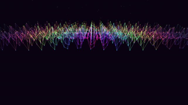 A hypnotic low-angle journey over an undulating cyberspace grid. Luminous sine waves create forward-flowing data topologies. Perfect for tech presentations, VJ sets, and synthwave backgrounds.
