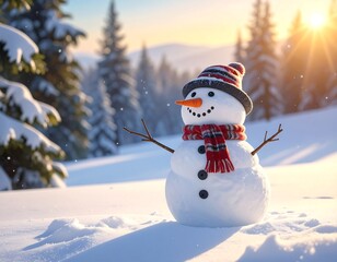 Obraz premium A snowman in a snowy forest with a hat and scarf