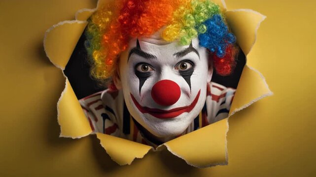 Close-up of a happy clown face with rainbow wig and red nose peeking through a ripped yellow background, an image of fun and entertainment