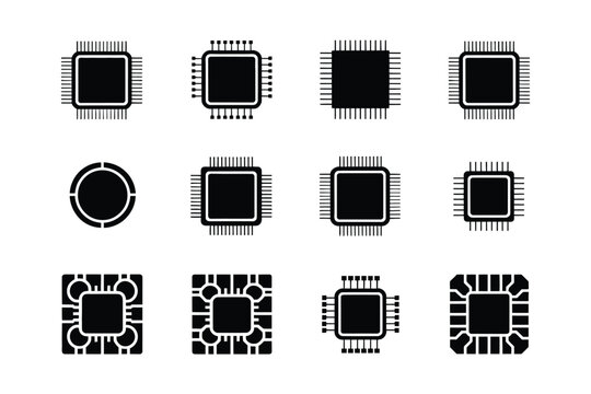 Microchip circuit board icons set with various electronic components