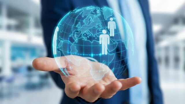Digital AI career transition automation impacts human employees workforce business globe holographic icons representing global workforce and career changes in business setting