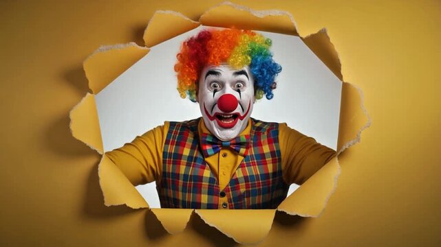 A joyfully exuberant clown bursts through a paper torn background, showcasing a vibrant and playful personality with colorful attire