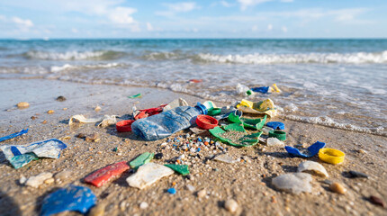 plastic waste pollution on sandy beach with ocean waves in background