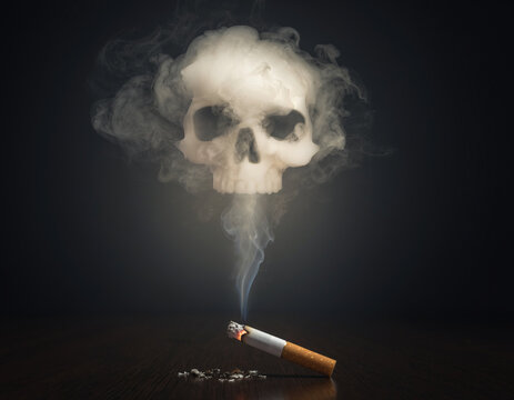 Cigarette smoke forming skull shape representing danger and deadly effects of smoking