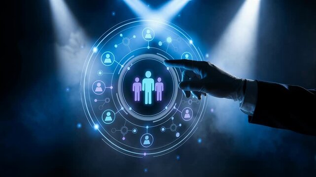 Digital AI career transition automation technology network workforce employees virtual interface showing human icons spotlight career selection process under automation and workforce transition