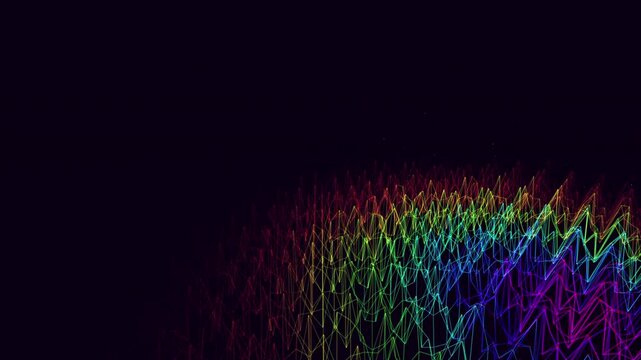 Hypnotic low-angle perspective of a glowing digital landscape. This infinite wireframe terrain undulating with wave interference is perfect for tech presentations, sci-fi backgrounds, and VJ sets.
