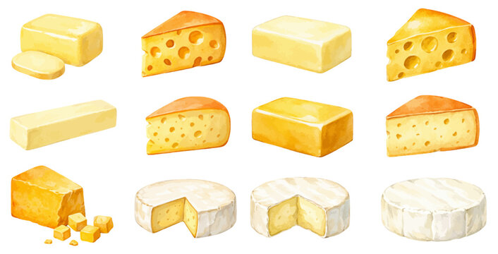 A beautiful collection of watercolor cheese varieties, featuring wedges, blocks, and wheels of Swiss, cheddar, and brie cheese in different shapes, isolated on a transparent background.