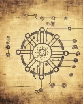 Stary schemat mechaniczny w stylu steampunk na postarzanym papierze przedstawiający skomplikowany mechanizm z kołami zębatymi i liniami połączeń.