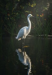 Naklejka premium White Heron Bird Standing in Shallow Water Surrounded by Greenery animal background animal poster background for poster