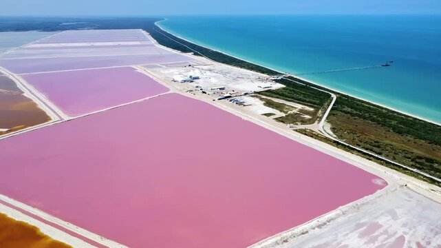 Aerial drone view of Las Coloradas pink salt lakes on the Yucatan Peninsula, Mexico, showing geometric salt evaporation ponds with vivid pink water near the Caribbean coastlin