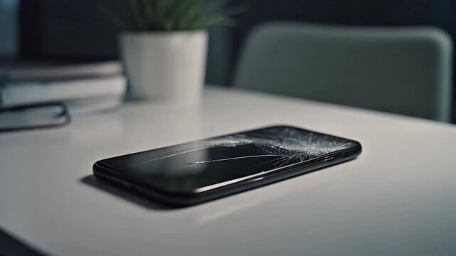 Shattered Smartphone Screen Reflecting Light, Symbolizing Damage and the Need for Repair