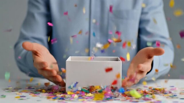 Celebration concept, a person's hands opening a gift box with colorful confetti exploding outwards, signifying surprise and festivity