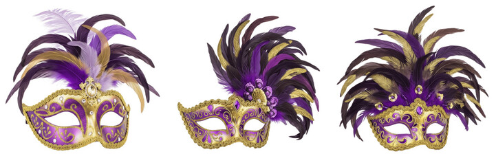 Set of Three Festive Purple and Gold Masquerade Masks with Large Feathers, Elegant Venetian Carnival Eye Masks for Mardi Gras Branding and Event Decor Isolated on White Background PNG © SoYEEC