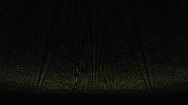 An infinite cryptographic lattice undergoes a synchronized decryption wave. Rigid hexagonal pillars rotate to expose glowing gold data cores. Ideal for fintech and blockchain pitch decks.