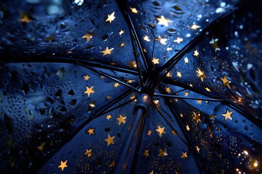 Starry night umbrella, gold stars, blue background, rainy evening, outdoor accessory
