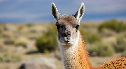 Fototapeta premium A close up photographic portrait of a llama or alpaca looking directly at the camera in a sunny outdoor field