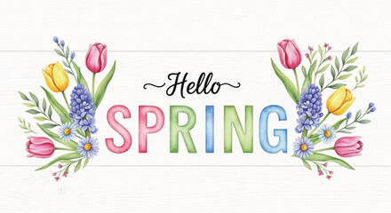 Hello Spring Watercolor Floral Typography with Tulips, Hyacinths and Daisies on Wooden Background © Ruwani