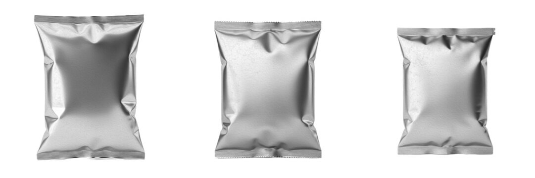 Three Silver Foil Snack Bag Mockups, Blank Metallic Pouch Templates for Chips or Candy, Realistic Aluminum Packaging Set Isolated on White Background for Product Branding and Design