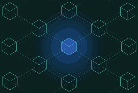 Abstract blockchain network with glowing cube digital technology background. Futuristic cube connection pattern representing decentralized data network system.