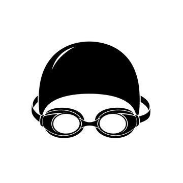 Black swimming cap and goggles on a white background