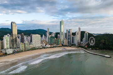 Fototapeta premium Coast of Balneario Camboriu City With Tall Skyscrapers and Dramatic Sky