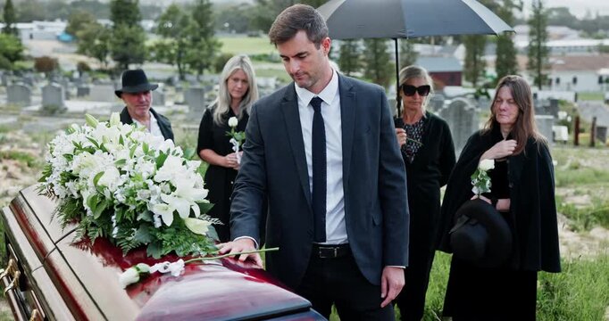 Man, casket and rose for respect at funeral with grief, goodbye or mourning with compassion at cemetery. Person, coffin and remembrance with white flower, farewell and burial service at graveyard