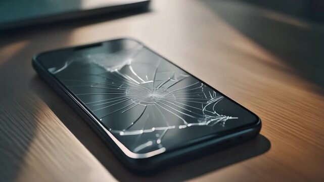 Close-up of a shattered smartphone screen with a web of cracks, illustrating damage and repair needs