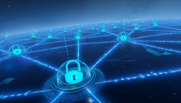 Global digital network with glowing padlock icons symbolizing robust cybersecurity and secure data transmission across interconnected systems, highlighting future technology and digital privacy