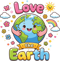 Fototapeta premium Cute Kawaii Planet Earth Character Hugging Itself Illustration, Love the Earth Poster Design with Flowers, Sun, and Rainbow for Earth Day and Environmental Awareness